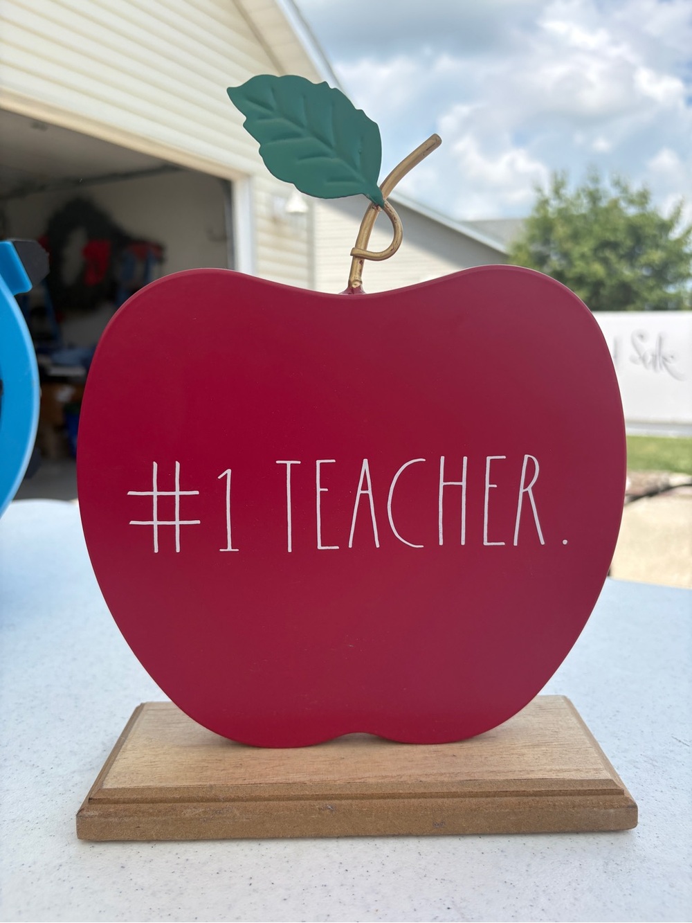 Rae Dunn Red Apple "#1 TEACHER" Desk Decor with Green Leaf